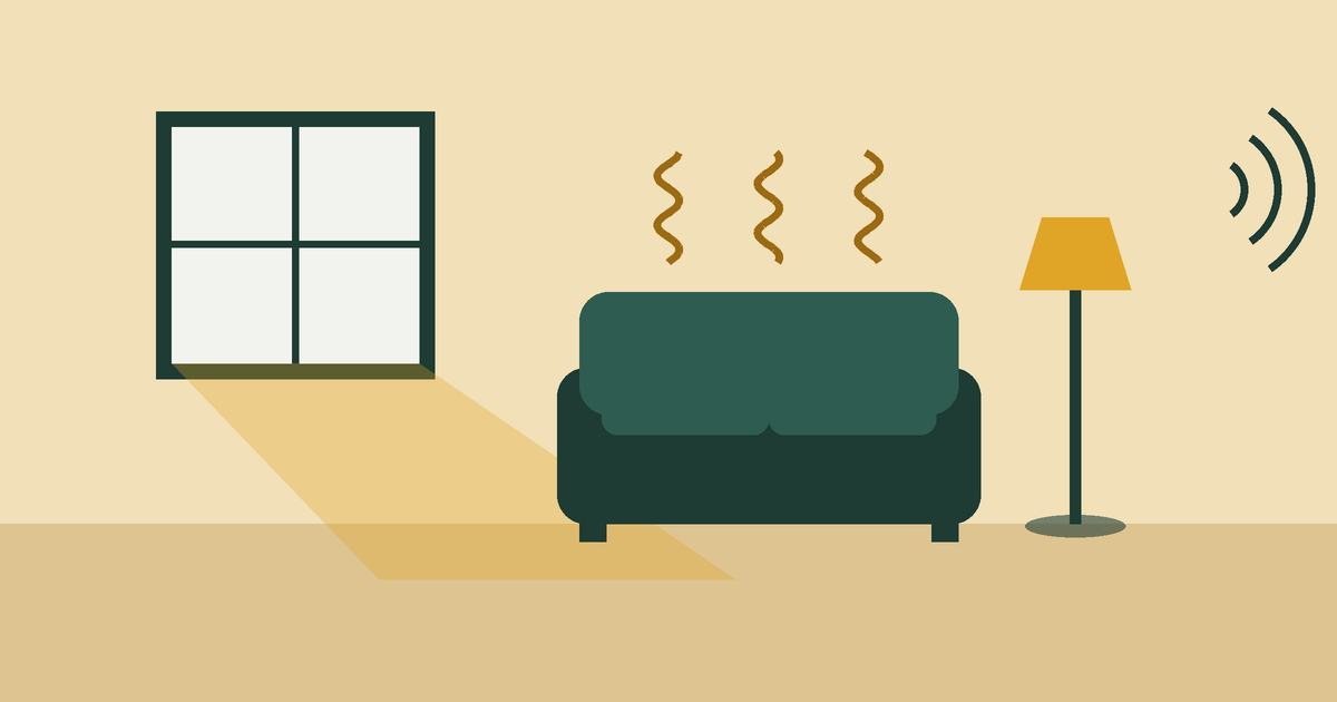 A living room with a window, sofa and lamp, with sound waves and smell lines