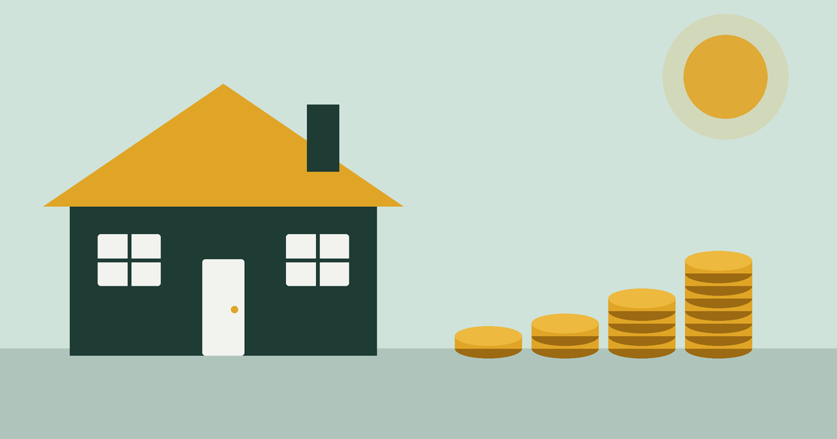 A house beside four stacks of coins that grow taller