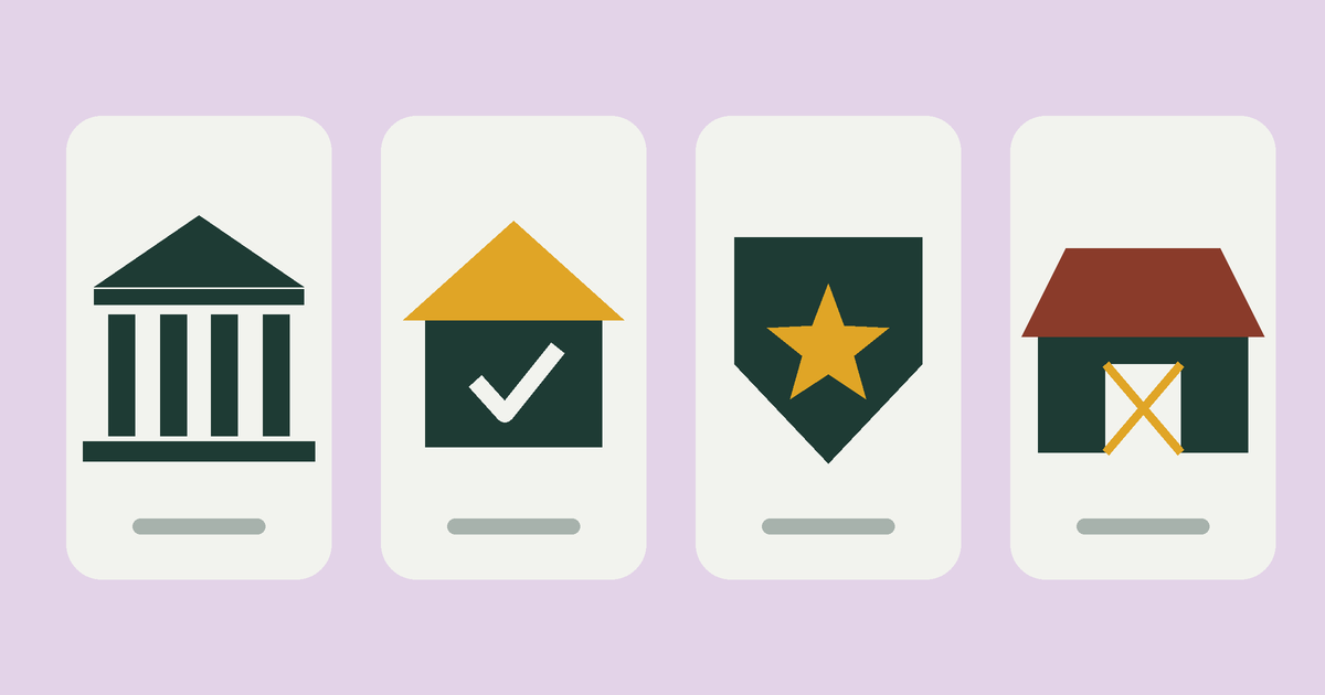 Four cards showing a bank, a house with a check mark, a shield with a star and a barn