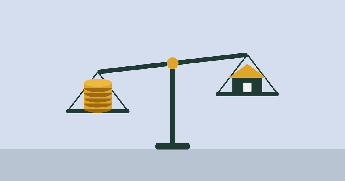 A balance scale with a stack of coins on one side and a house on the other