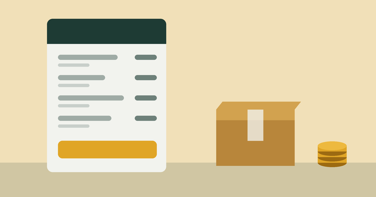A cost sheet beside a moving box and a stack of coins