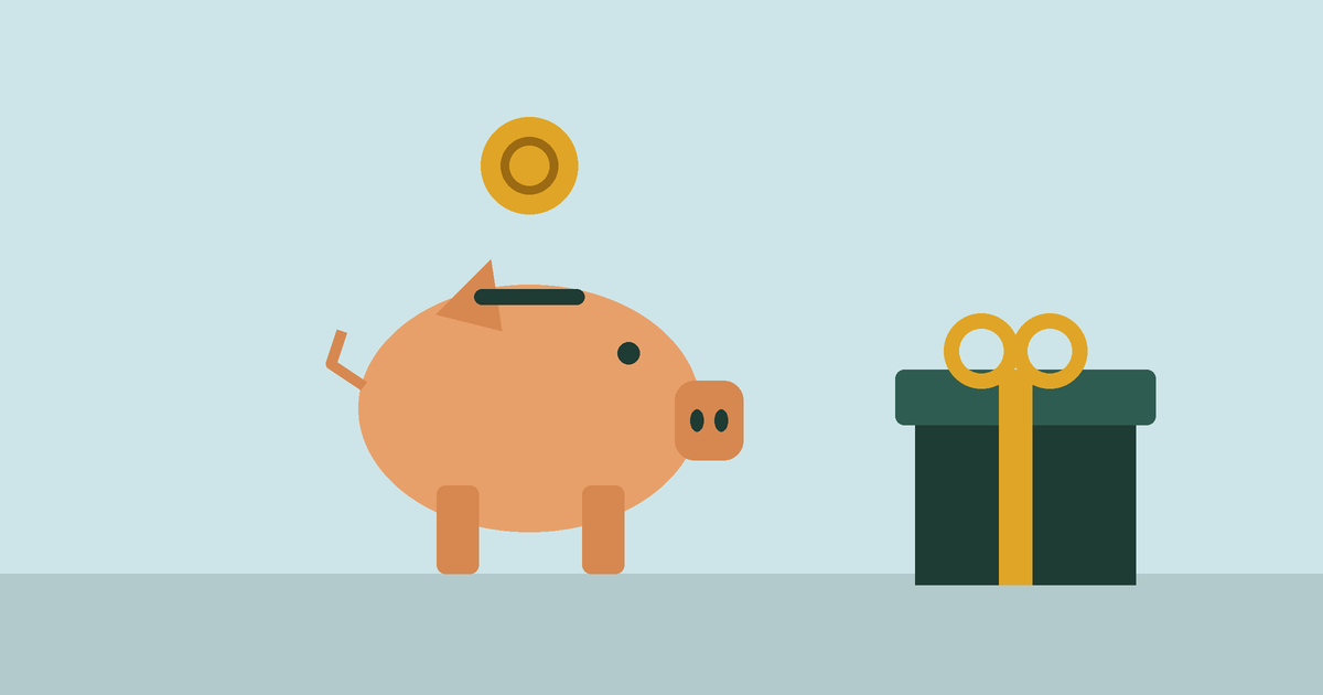 A piggy bank with a coin dropping in, next to a gift box