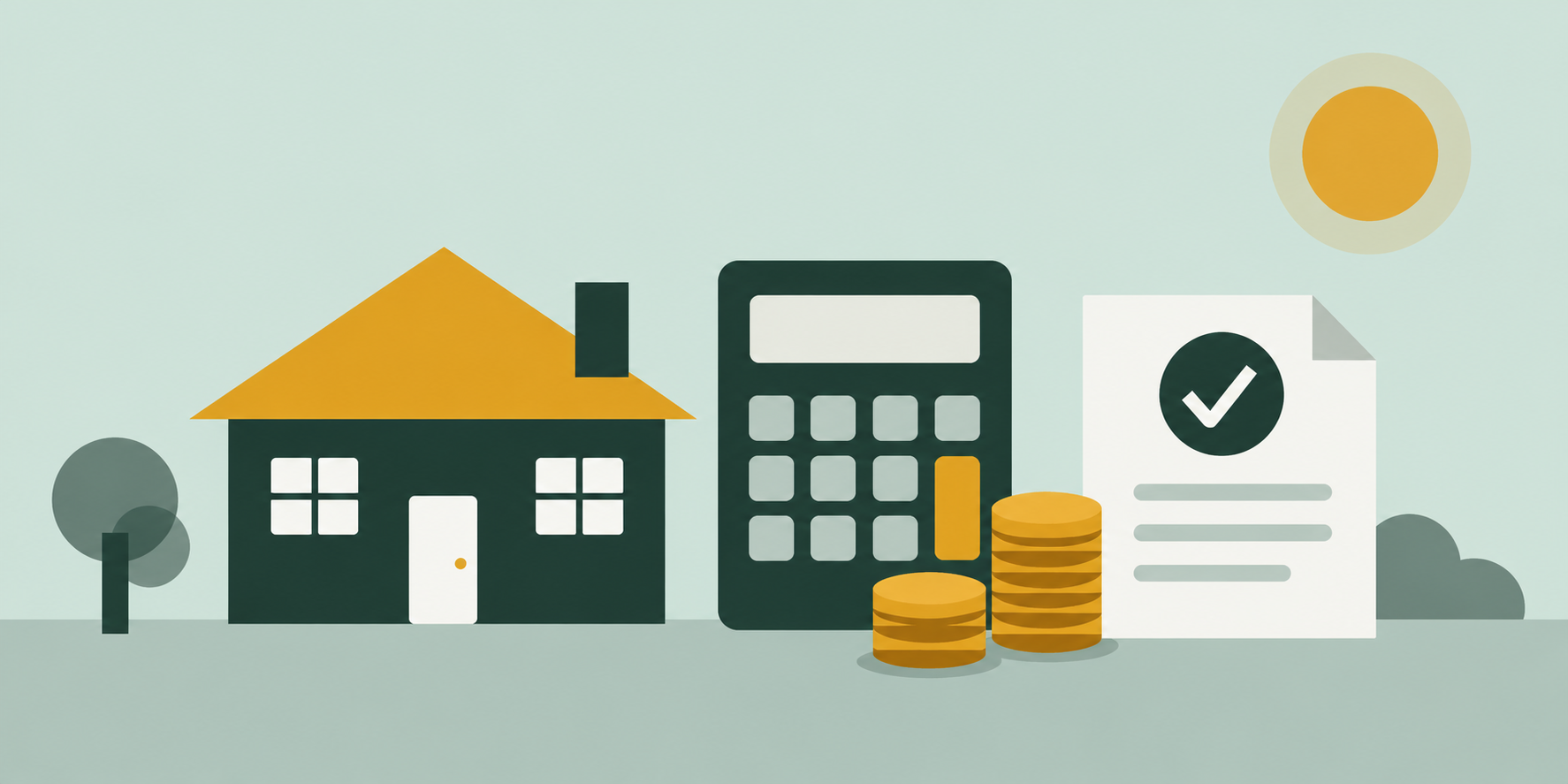A house alongside a calculator, stacks of coins and an approved mortgage document, representing budgeting, saving and loan pre-approval.