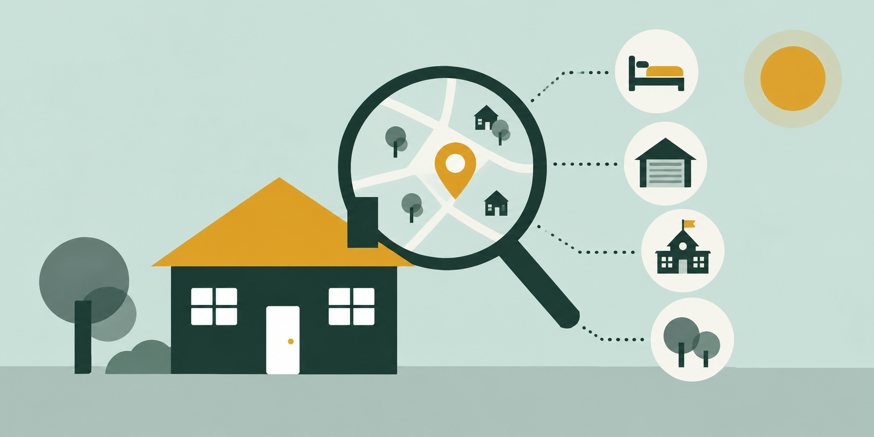 A house beside a magnifying glass showing a neighborhood map, with icons for bedrooms, garages, schools and nearby green spaces.
