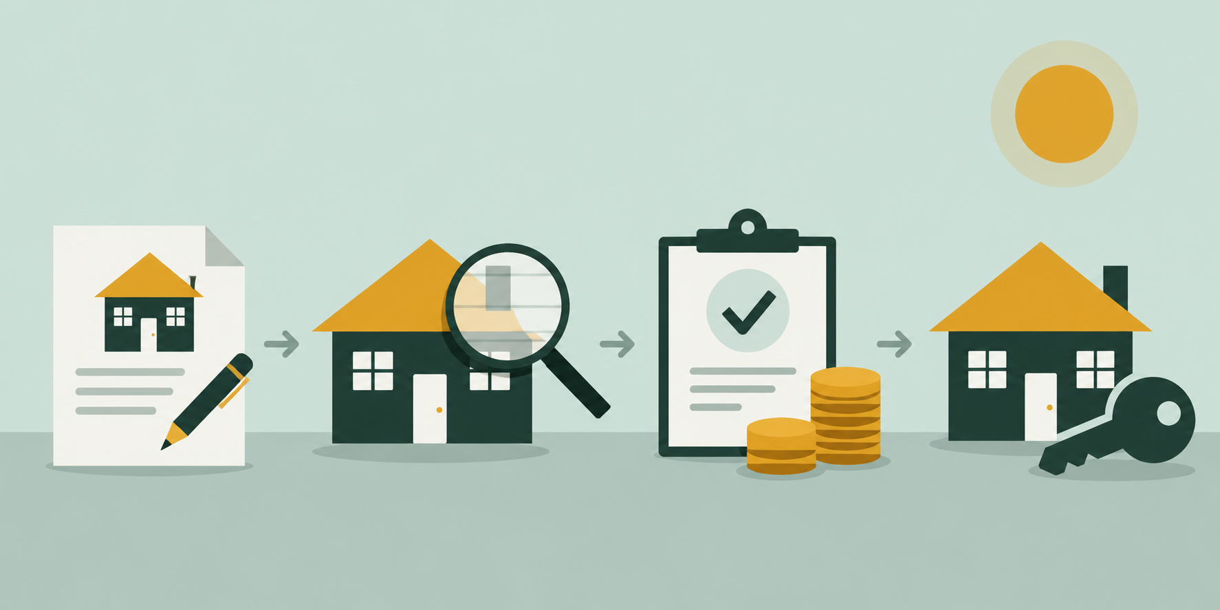 A step-by-step home-buying process showing an offer document, house inspection, mortgage approval and the keys to a new home.