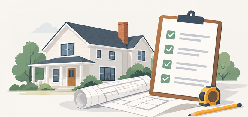 A house beside a renovation checklist, architectural blueprints and measuring tools, illustrating the planning stages of a home renovation.