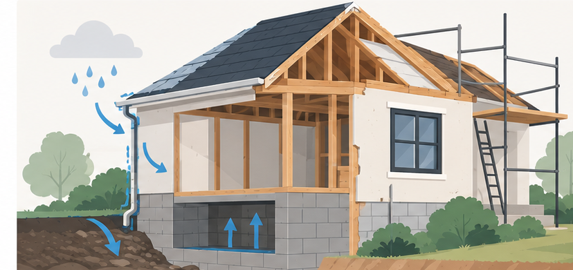 Cutaway illustration of a house under renovation showing roof repairs, rainwater drainage and moisture protection around the foundation.