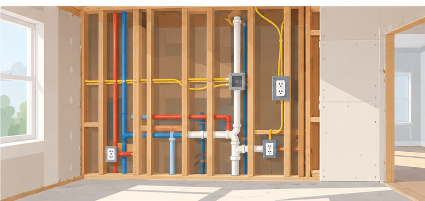 Exposed wooden wall framing with electrical wiring, outlets and red and blue plumbing pipes installed before drywall during a home renovation.