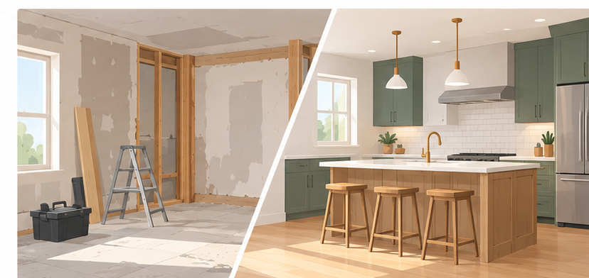 Before-and-after comparison of an unfinished kitchen renovation and a completed modern kitchen with green cabinets, wooden floors and an island.