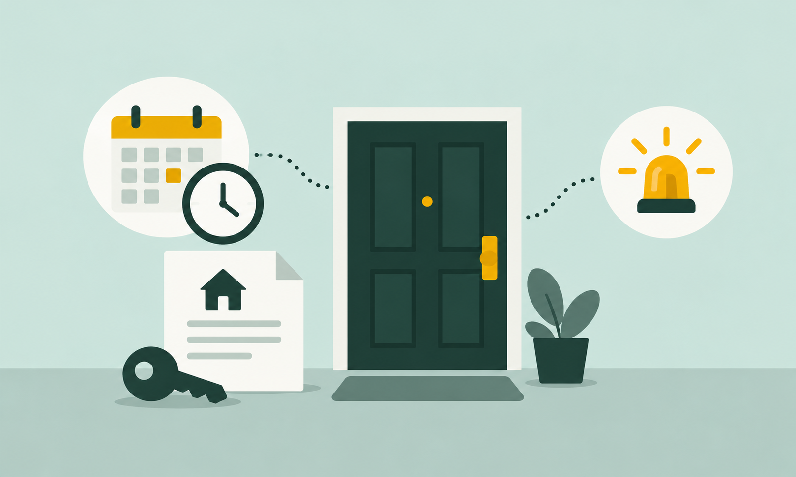 A locked apartment door surrounded by a calendar, clock and emergency alarm illustrating landlord entry rules and notice requirements.