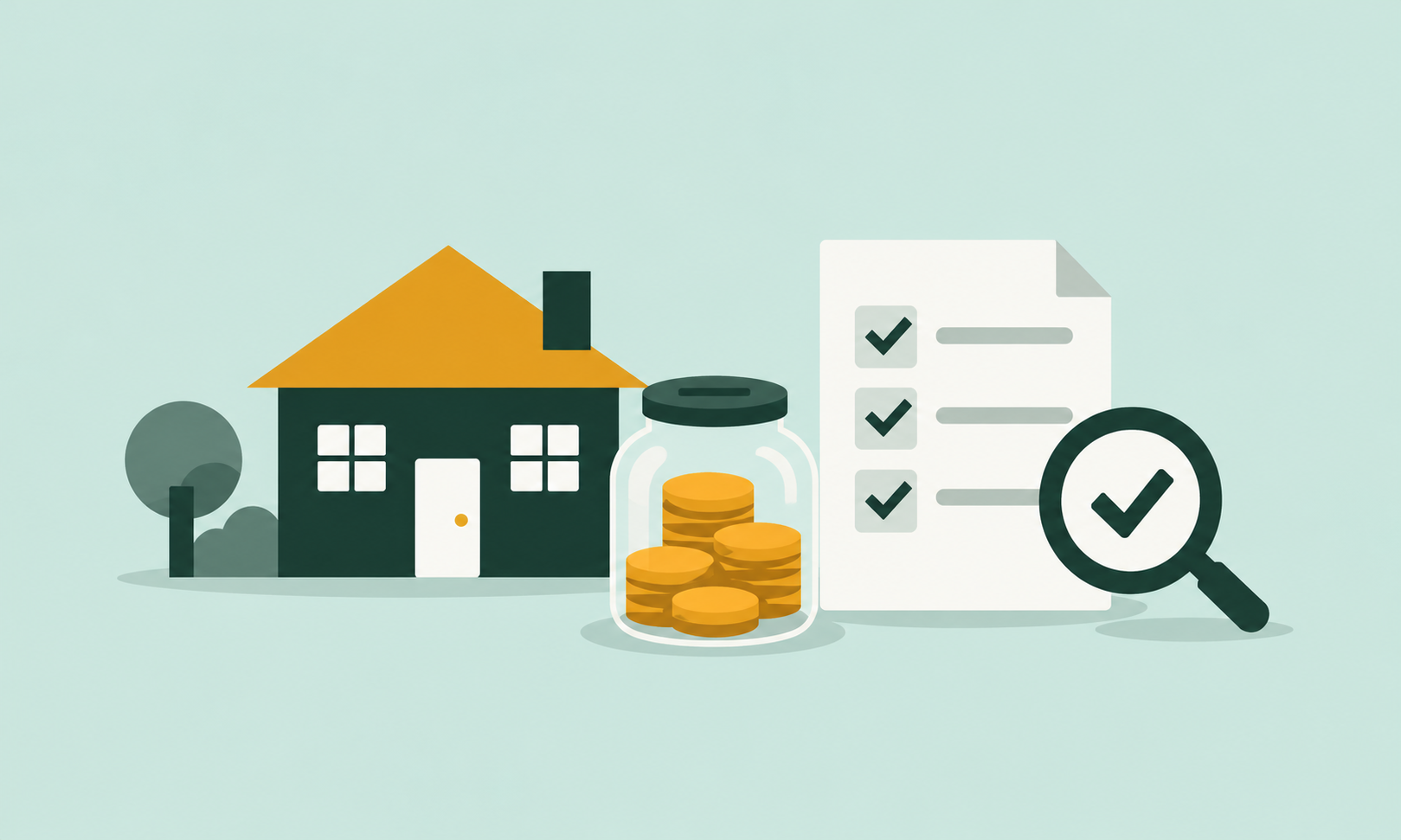 A rental house beside a jar of savings coins, inspection checklist and magnifying glass illustrating security deposit deductions and refunds.