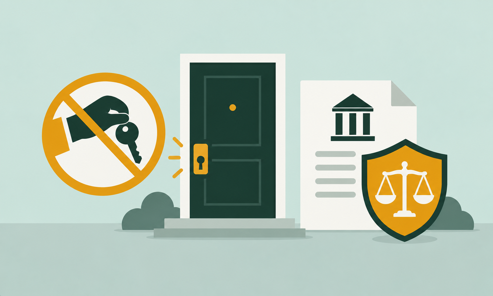 A locked apartment door, crossed-out hand holding a key, legal document and justice shield illustrating protection against illegal landlord lockouts.