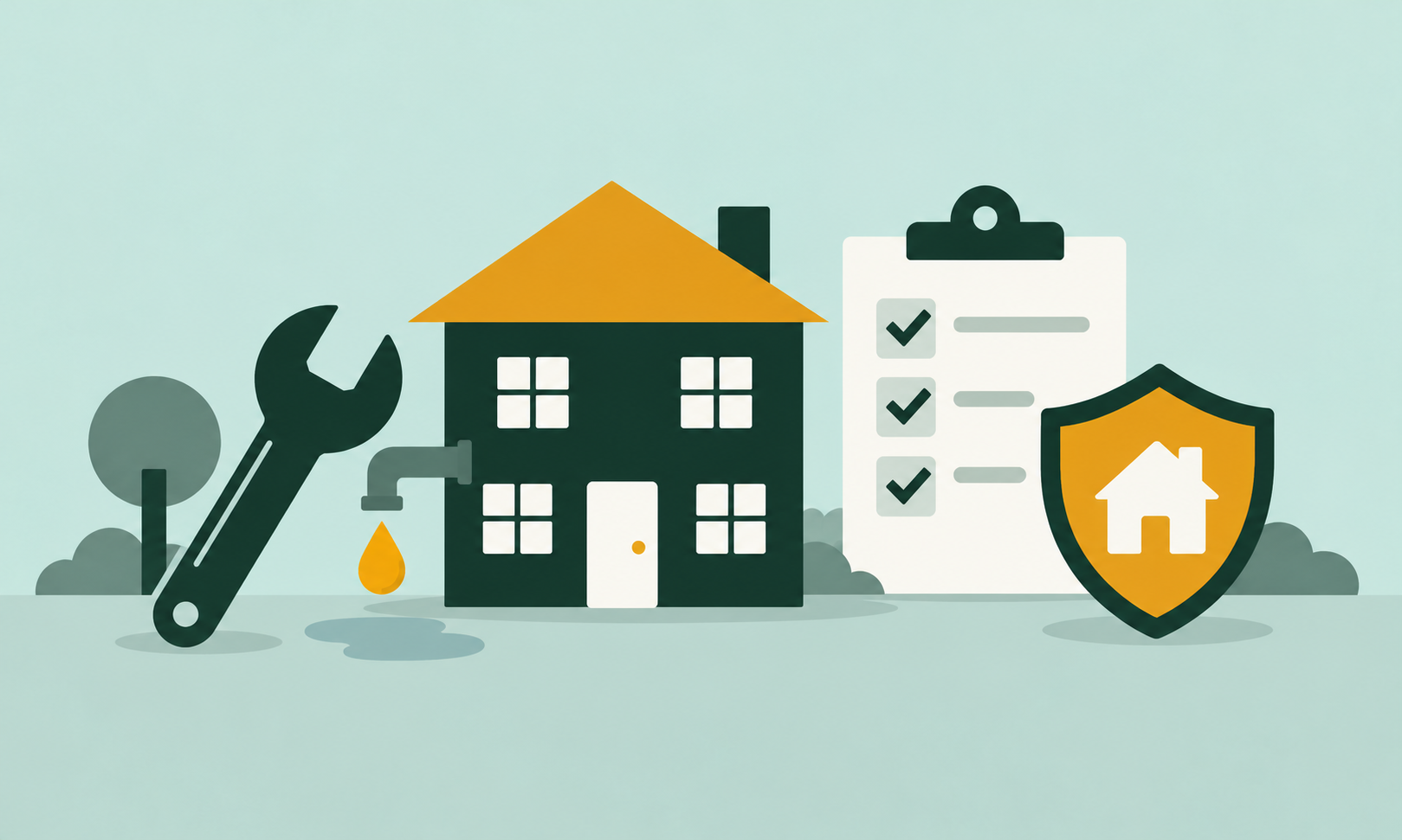 A house with a wrench, water leak and repair checklist, representing the landlord's responsibility to maintain a safe, habitable home.