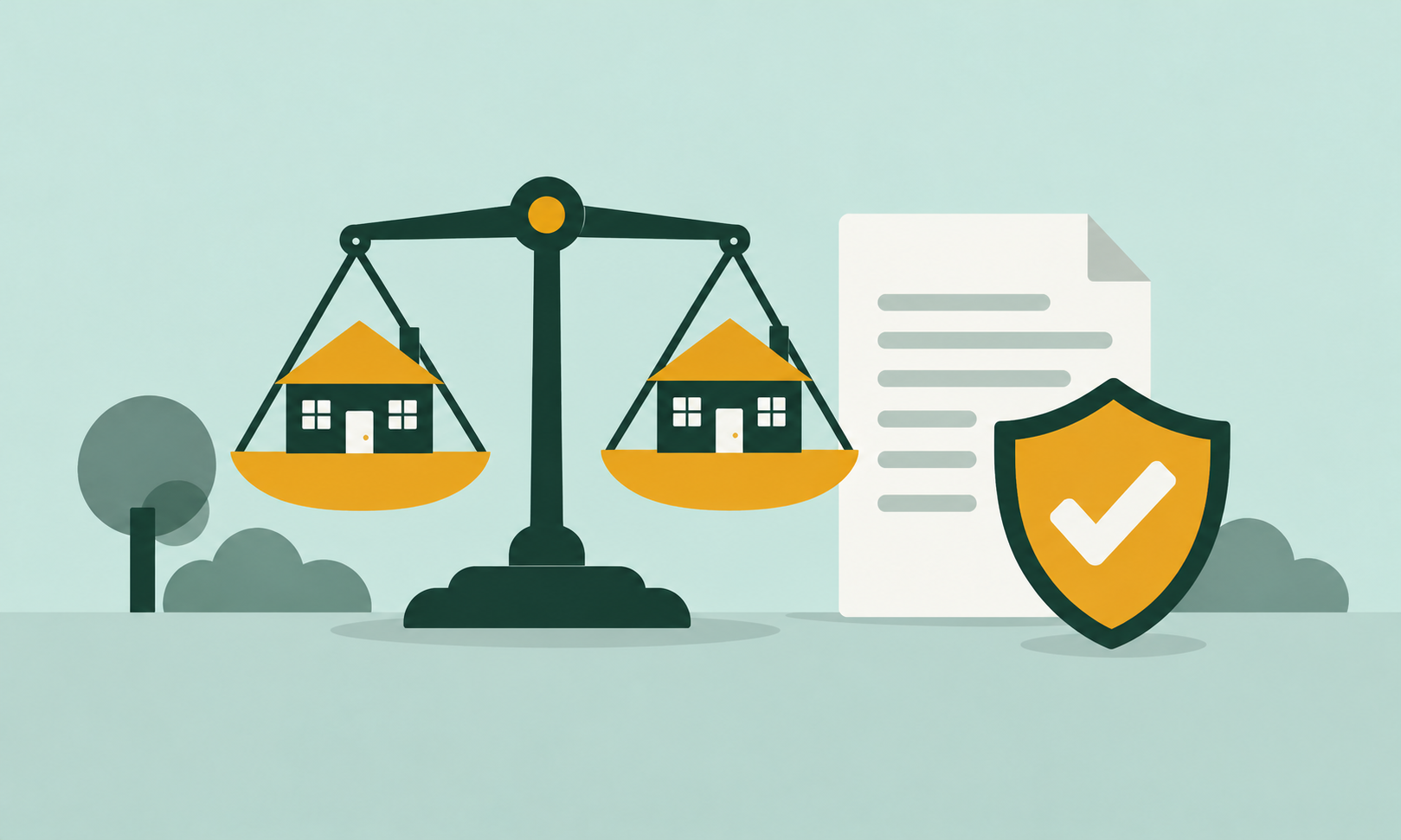 Two houses balanced on justice scales, with a protective shield symbolizing equal treatment in housing.