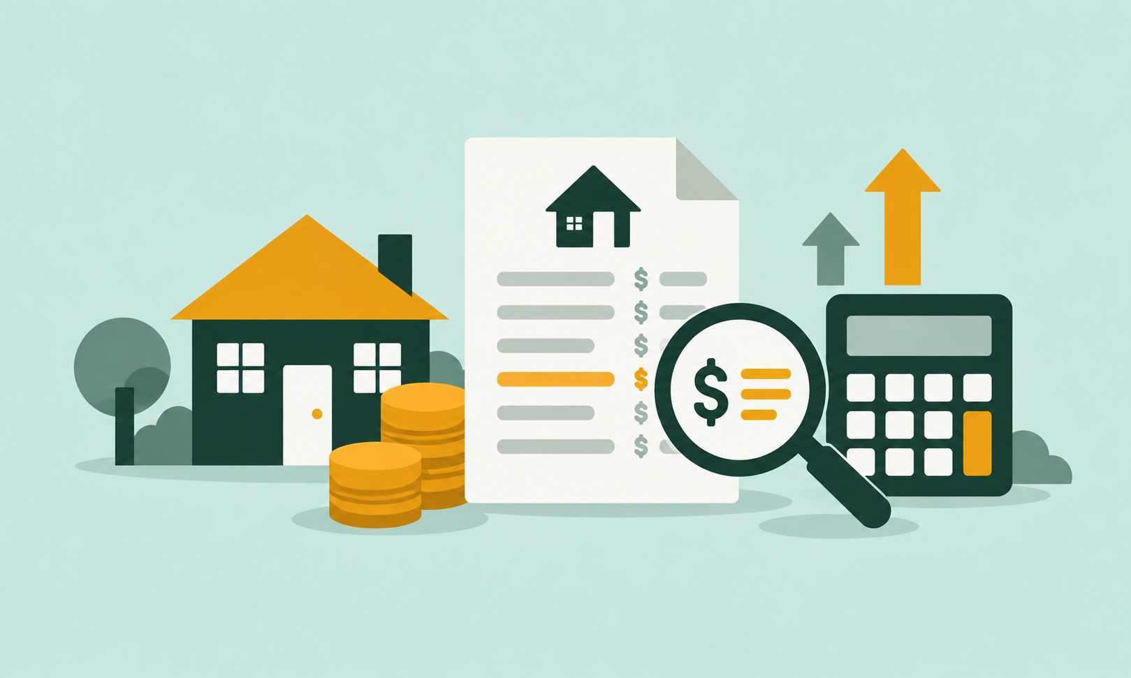 A rental agreement, calculator and dollar-sign receipt under a magnifying glass, representing scrutiny of rent increases and additional fees.