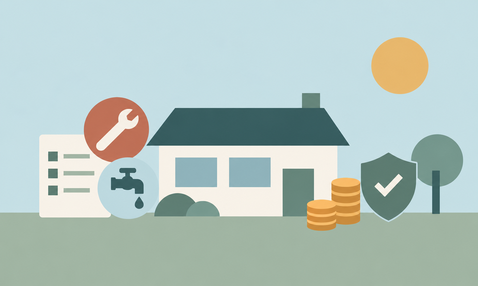 Rental house surrounded by maintenance, plumbing, insurance and savings symbols illustrating the ongoing expenses of owning an investment property.