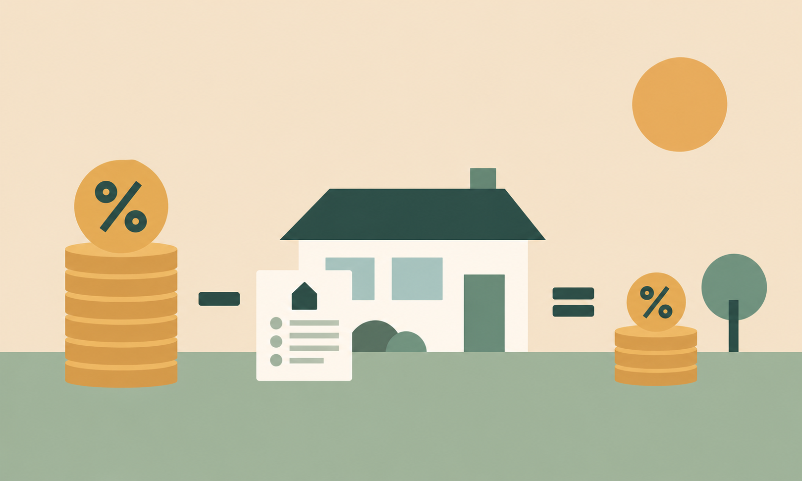 Illustration comparing gross and net rental yield using a house, percentage symbols, coin stacks and a property expense checklist.