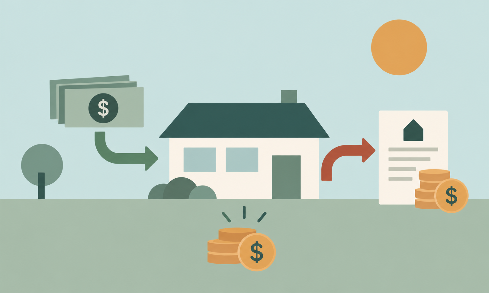 Money flowing into a rental house and out toward mortgage payments, illustrating how financing costs affect rental property cash flow.