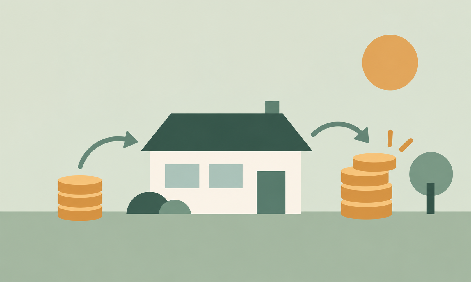 Rental house between two stacks of coins with arrows showing money invested and cash returns from a real estate investment.