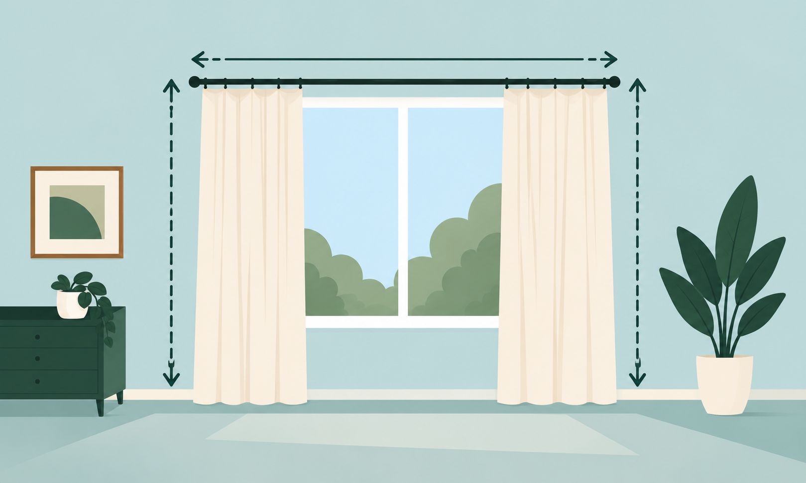 Floor-length curtains mounted above and beyond a window frame, with arrows illustrating how high and wide curtain placement enhances room proportions.