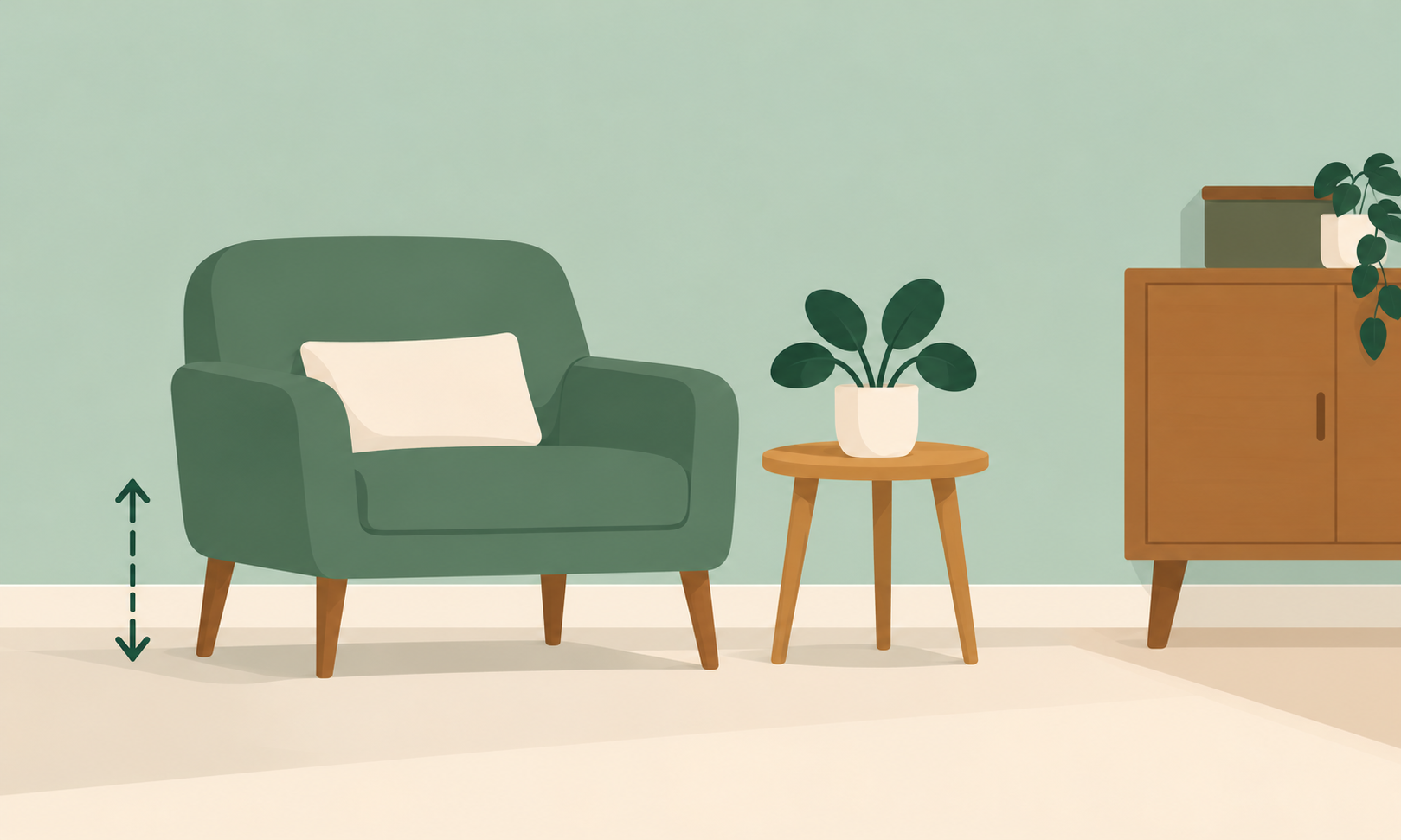 Sage green armchair and wooden side table with exposed legs, showing how raised furniture creates visible floor space in a small room.