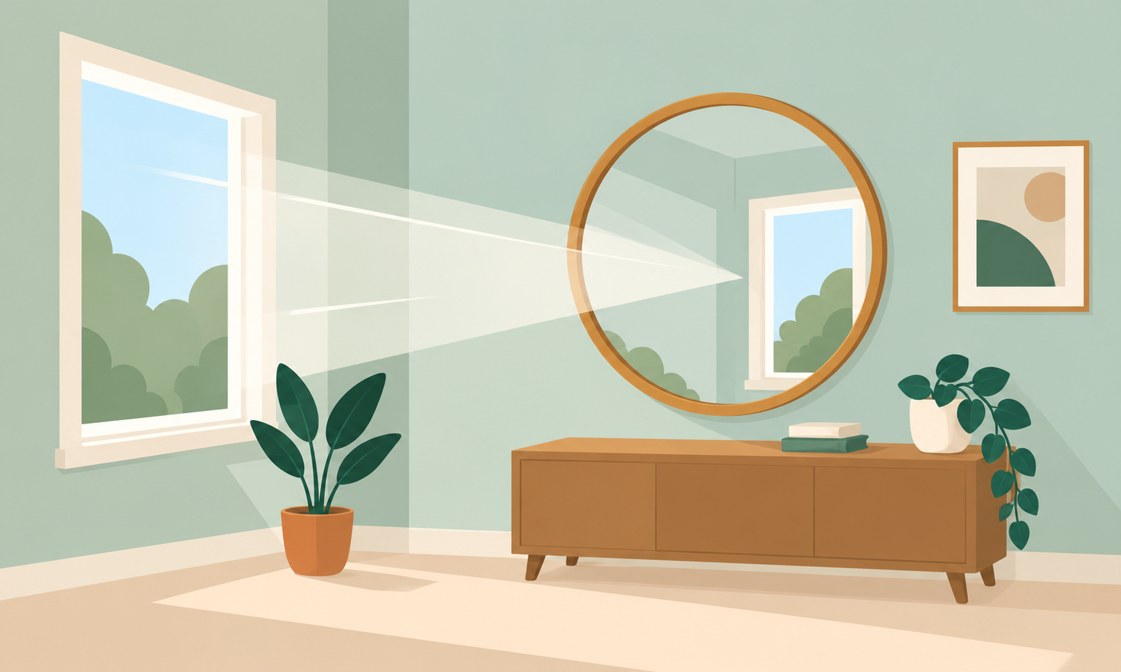 Large round wall mirror reflecting natural daylight from a nearby window in a minimalist room with green walls, plants and wooden furniture.