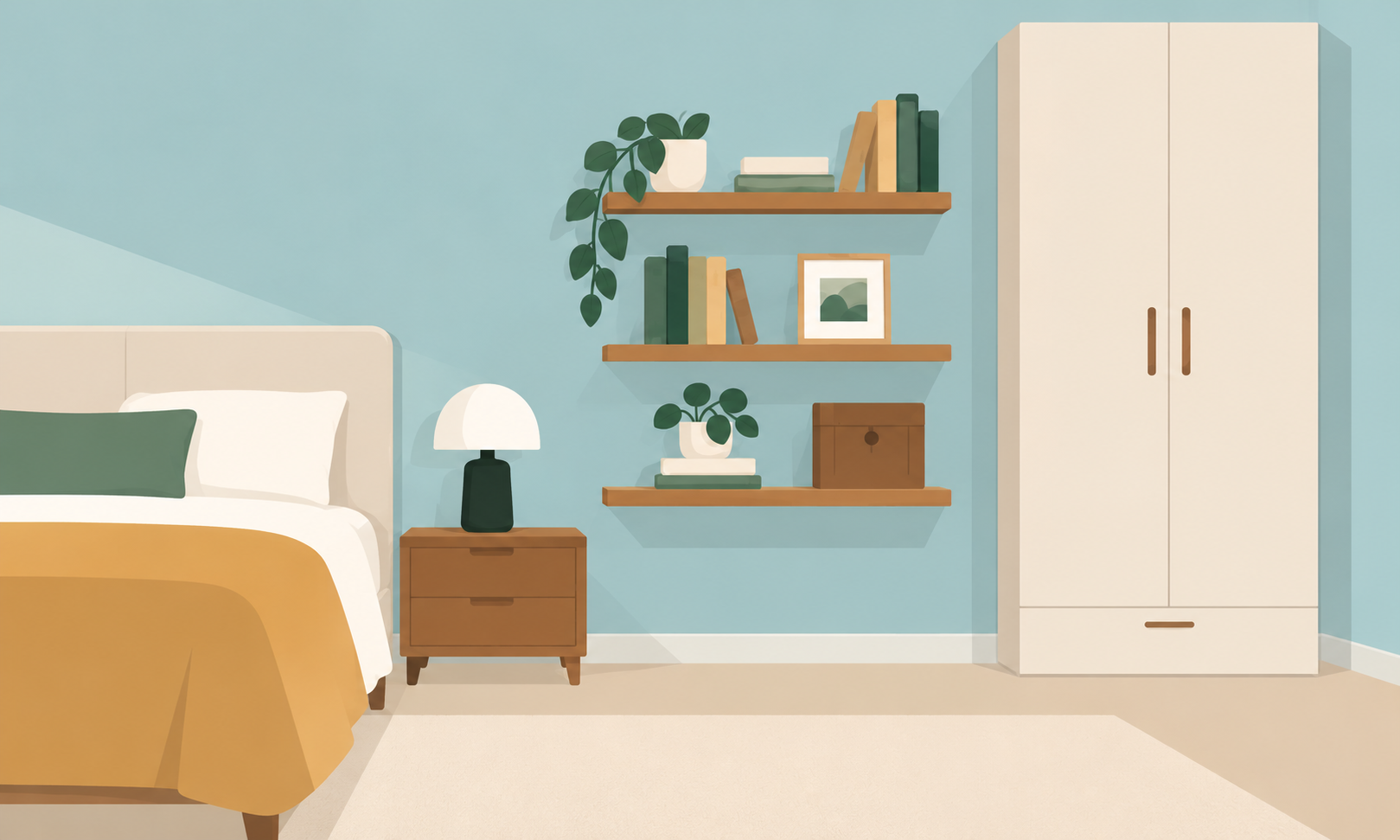Small Scandinavian bedroom with floating wooden shelves, organized books, plants and a tall wardrobe demonstrating space-saving vertical storage.