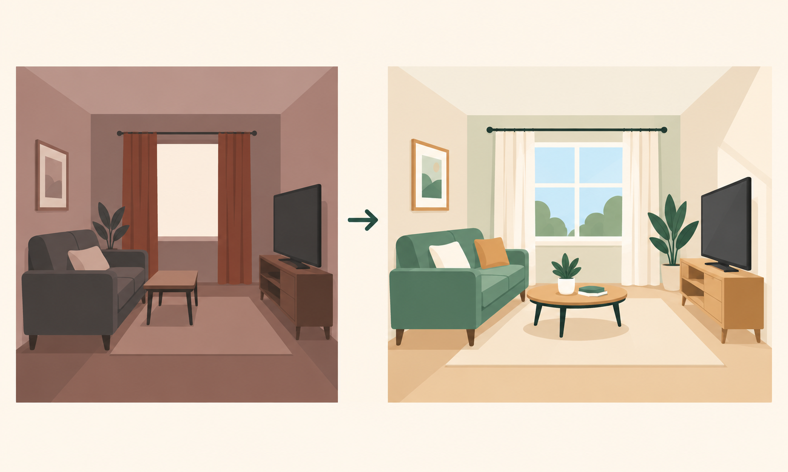 Before-and-after comparison of a cramped, dim living room transformed into a bright, spacious interior with lighter colors and improved furniture arrangement.