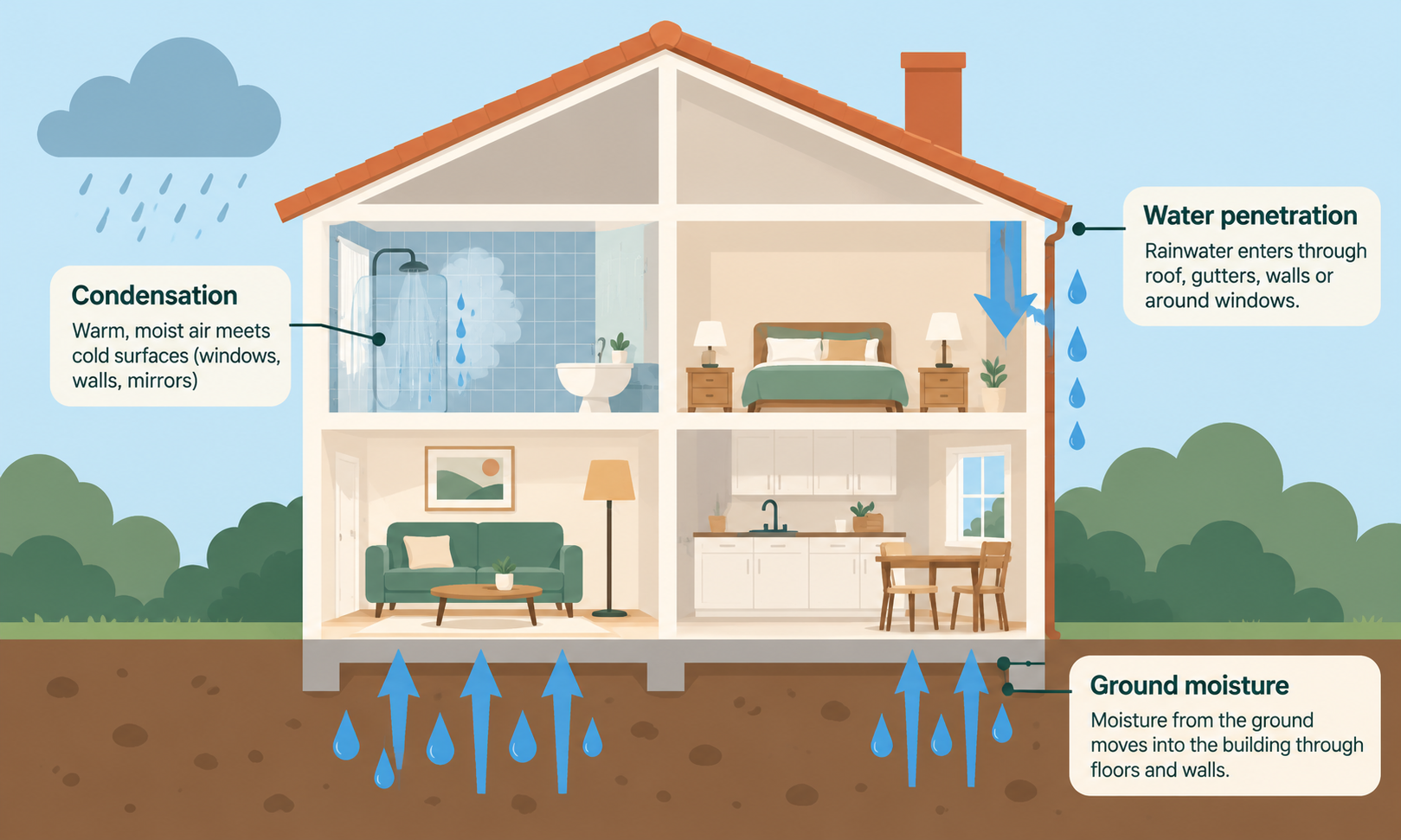 Cutaway illustration of a two-story house showing condensation indoors, rainwater penetrating exterior walls and moisture entering through the foundation.