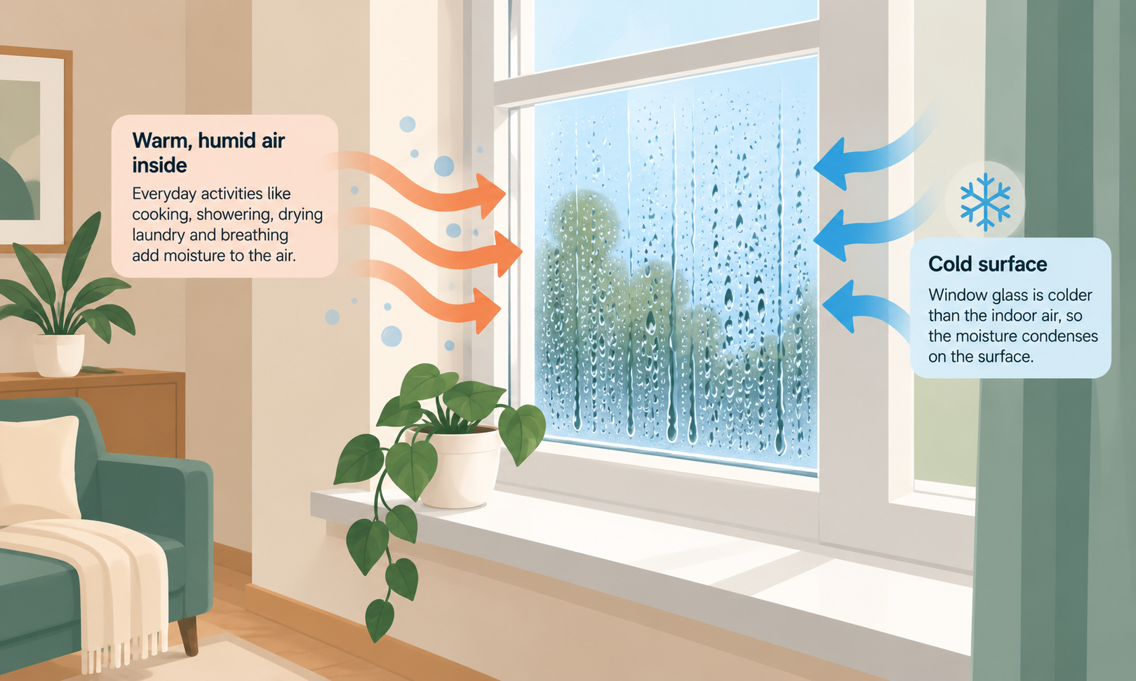 Warm, humid indoor air meeting a cold window covered in condensation, with orange and blue arrows illustrating how water droplets form on the glass.