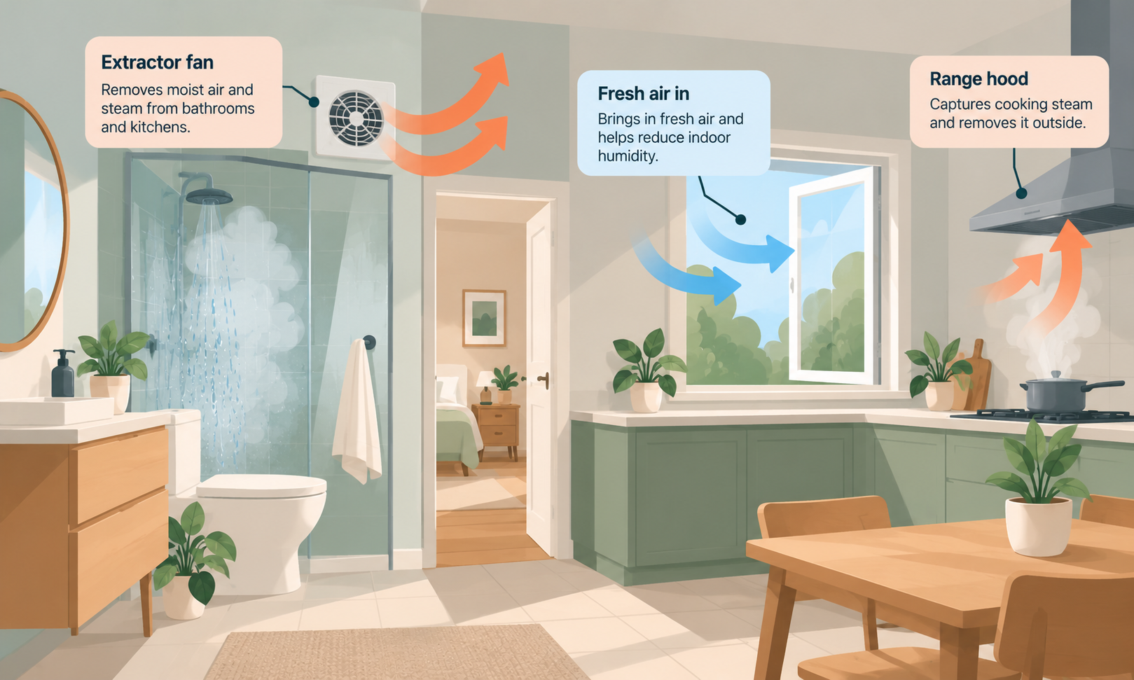 Illustration of a bathroom and kitchen showing fresh air entering through an open window while extractor fans and a range hood remove humid air and steam.