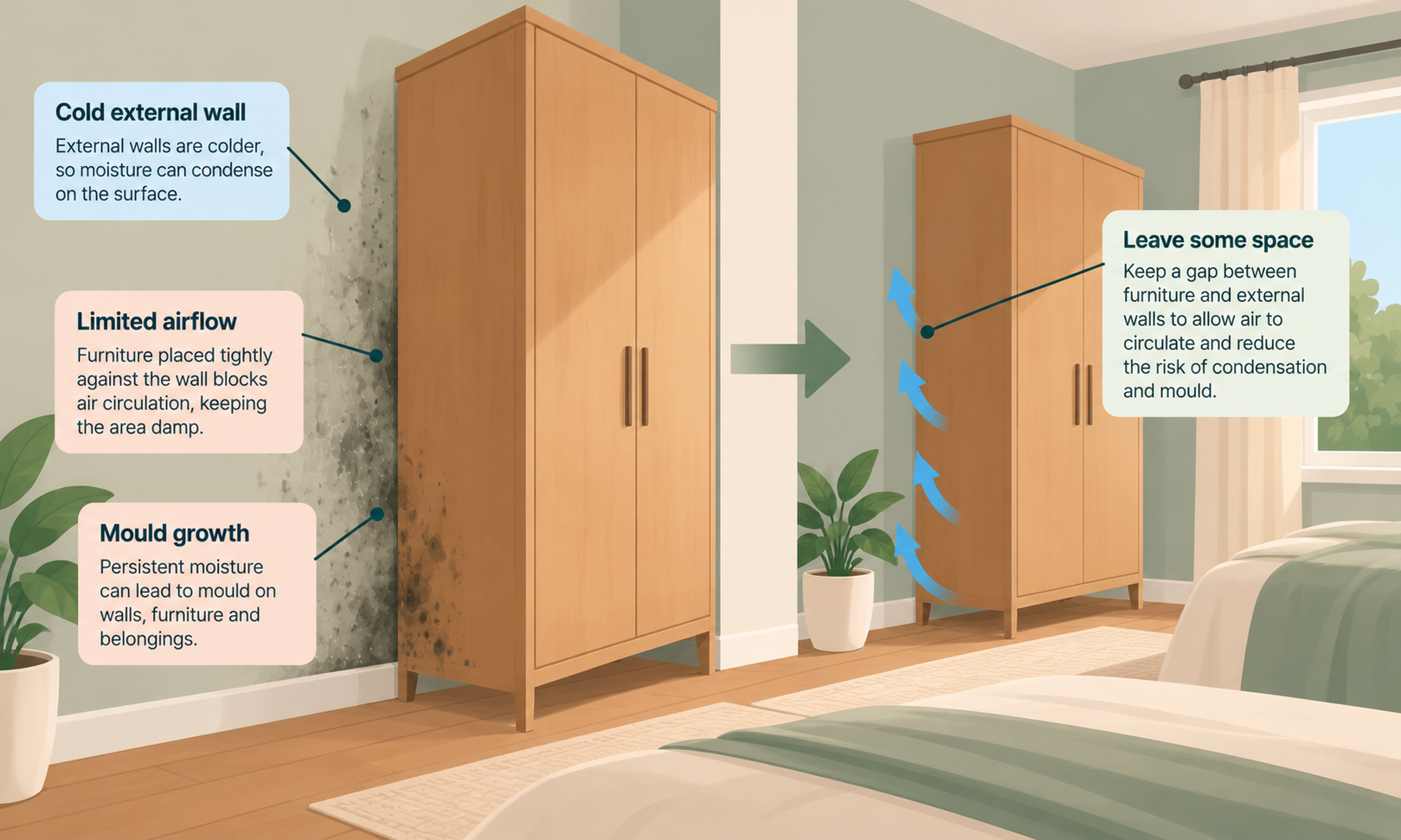 Before-and-after illustration showing mould behind a wardrobe against a cold external wall and improved airflow after moving the furniture away from the wall.