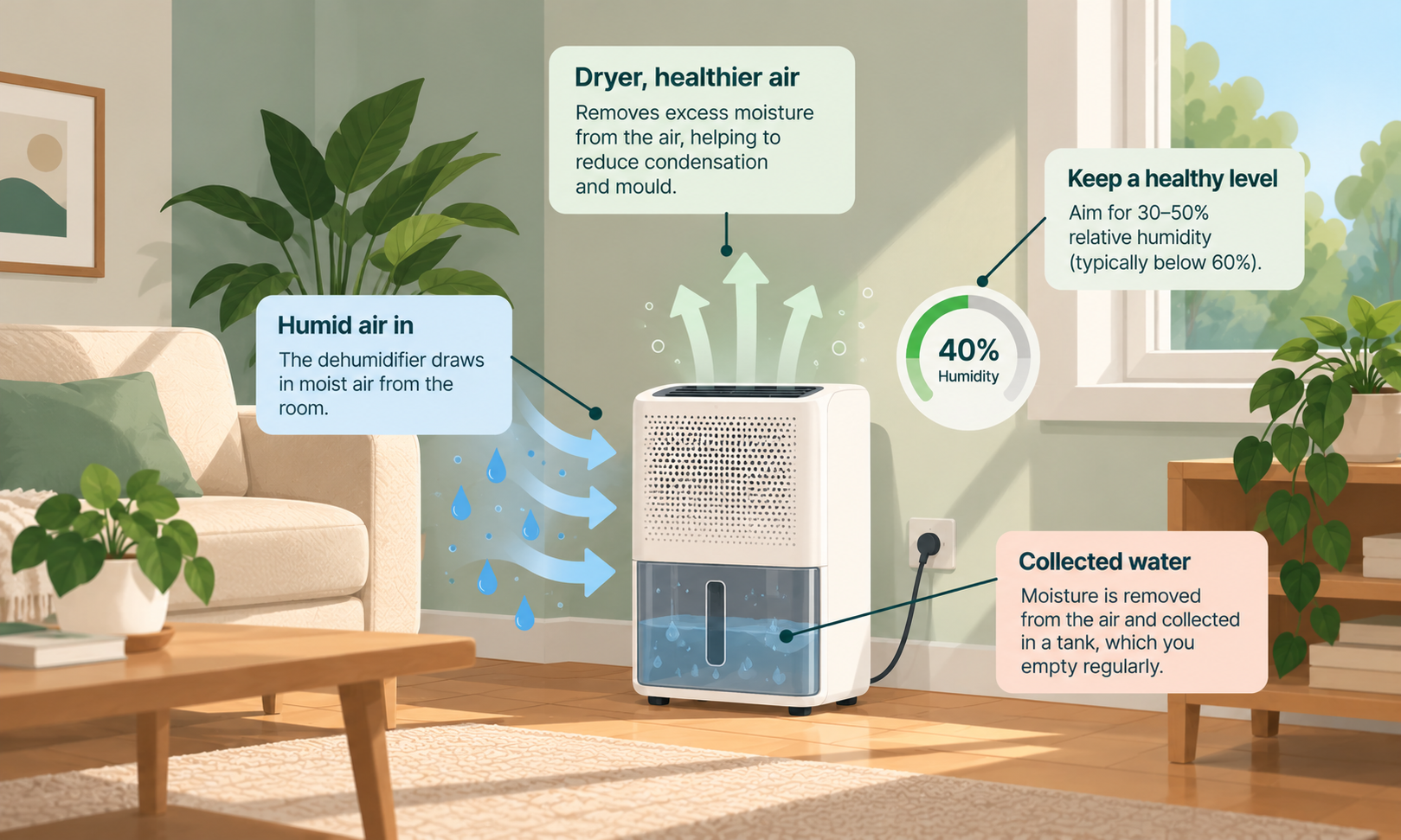 A portable dehumidifier collecting moisture from indoor air in a bright living room, with airflow arrows, a water tank and a humidity gauge showing 40 percent.